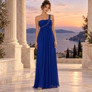 Xscape Joanna Chen One Shoulder Gown 2 Royal Blue Y2K Grecian Bead Empire Prom